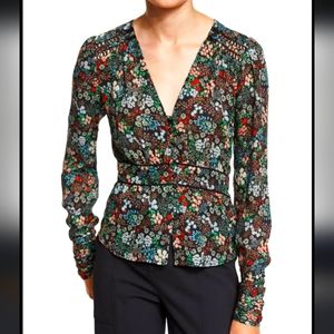 Veronica Beard Ripley Ruched Floral Silk Boho Blouse sz 2